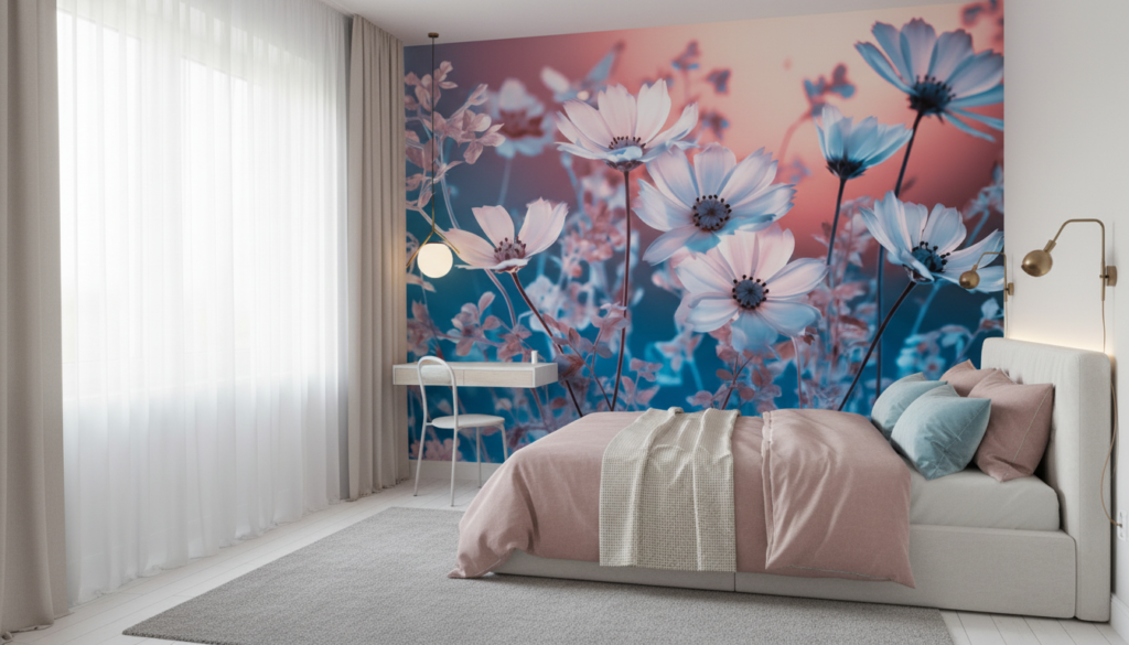 Papier peint fleurs cosmos effet infrarouge rose et bleu - Chambre ado