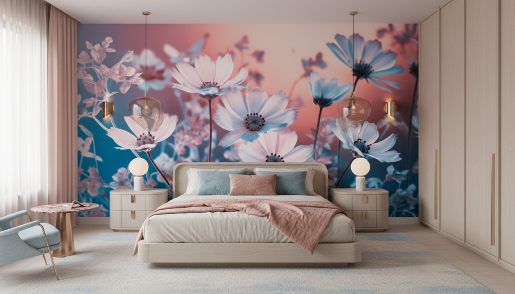 Papier peint fleurs cosmos effet infrarouge rose et bleu - Chambre adulte