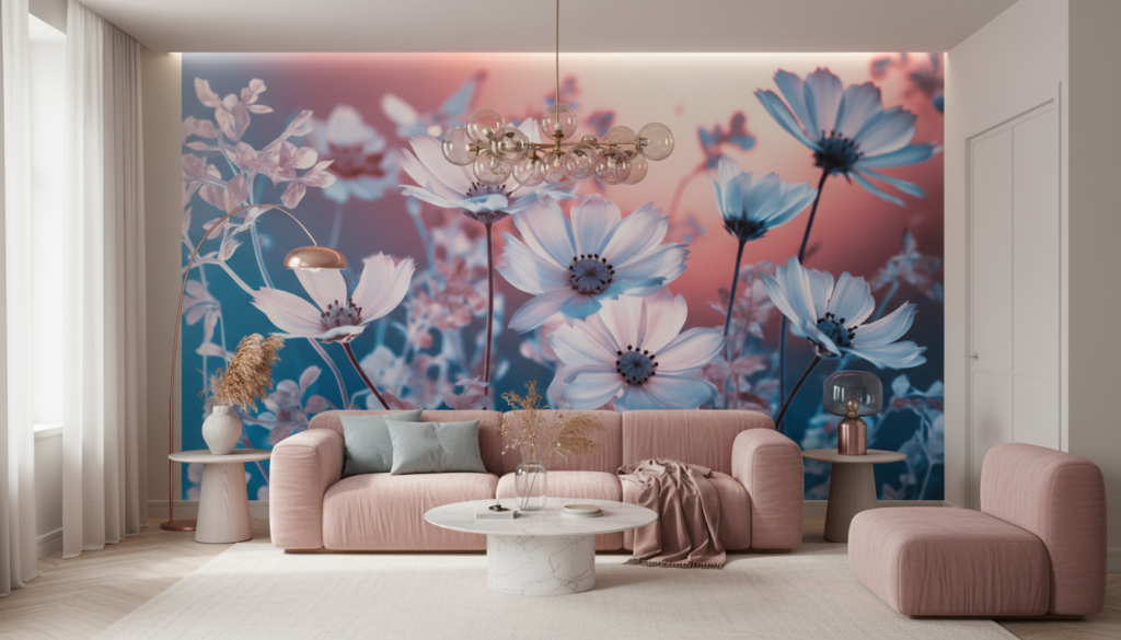 Papier peint fleurs cosmos effet infrarouge rose et bleu - Salon / Séjour