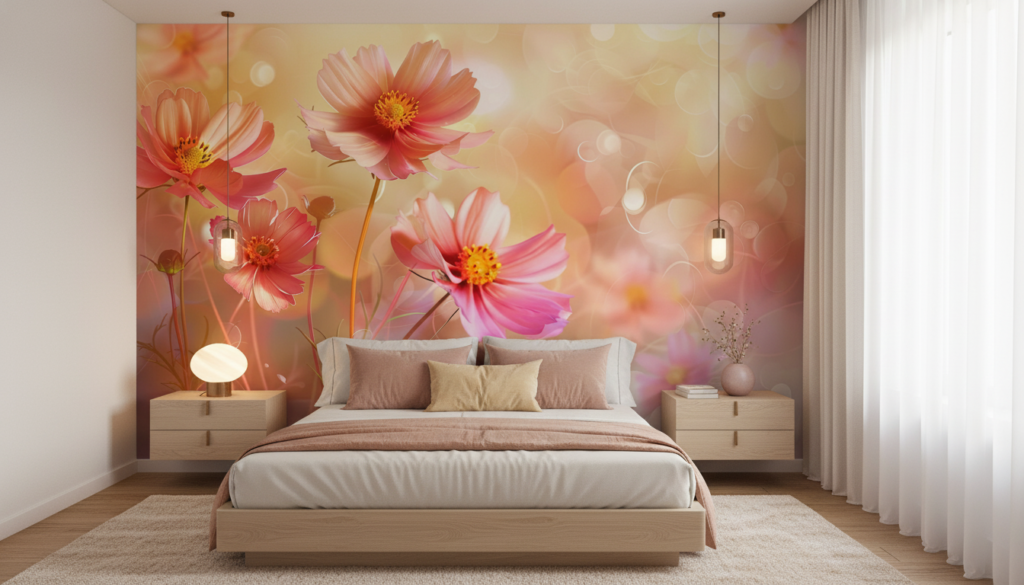 Papier peint fleurs cosmos roses délicates sur fond lumineux doré - Chambre adulte