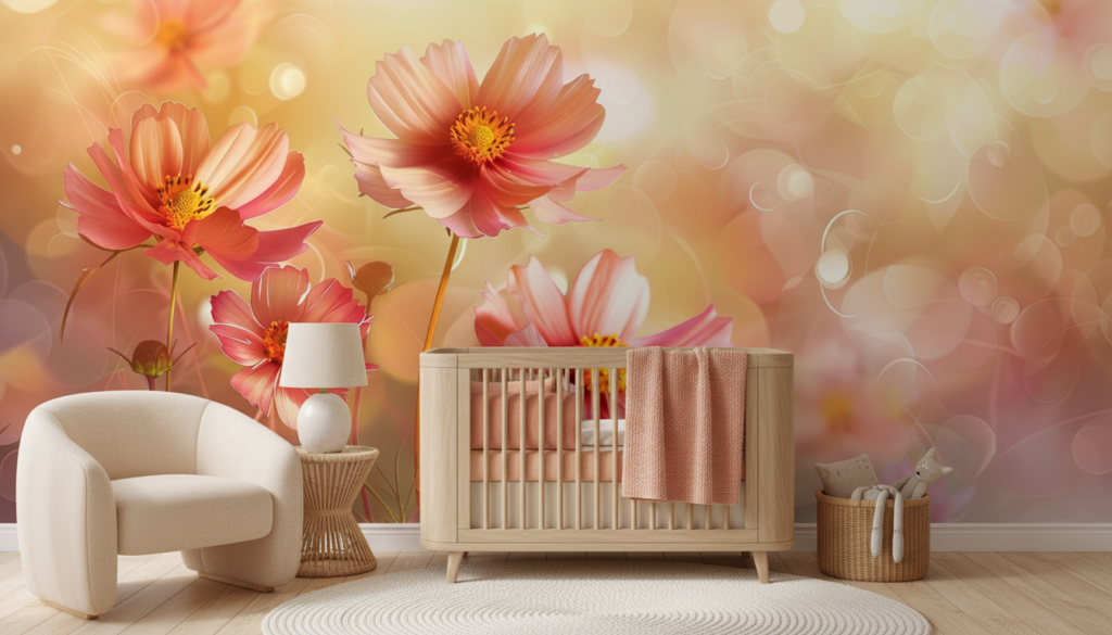 Papier peint fleurs cosmos roses délicates sur fond lumineux doré - Chambre bébé