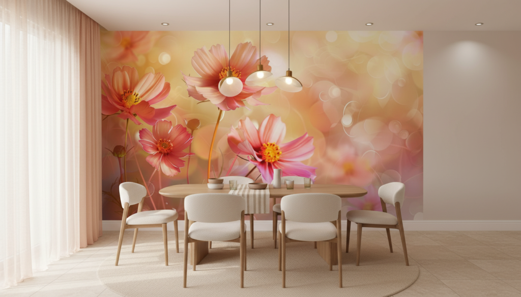 Papier peint fleurs cosmos roses délicates sur fond lumineux doré - Salle à manger