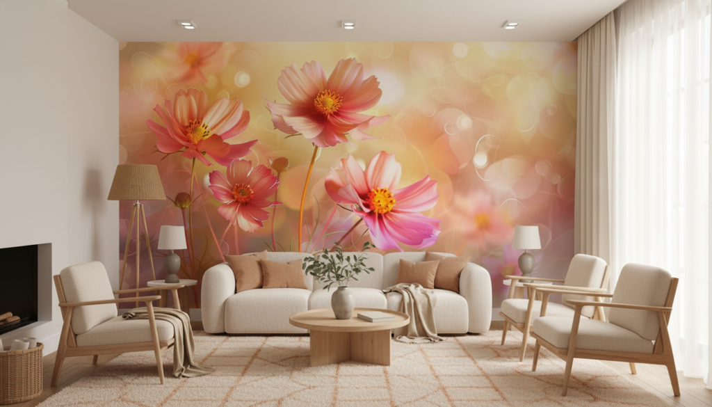 Papier peint fleurs cosmos roses délicates sur fond lumineux doré - Salon / Séjour