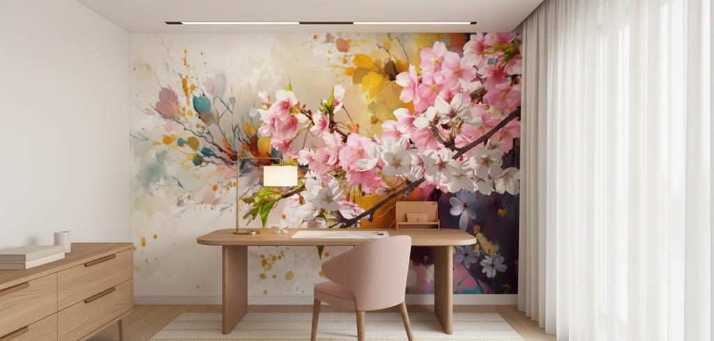 Papier peint fleurs de cerisier aquarelle tons roses et dorés - Bureau