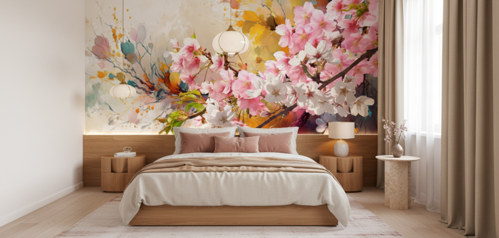 Papier peint fleurs de cerisier aquarelle tons roses et dorés - Chambre adulte