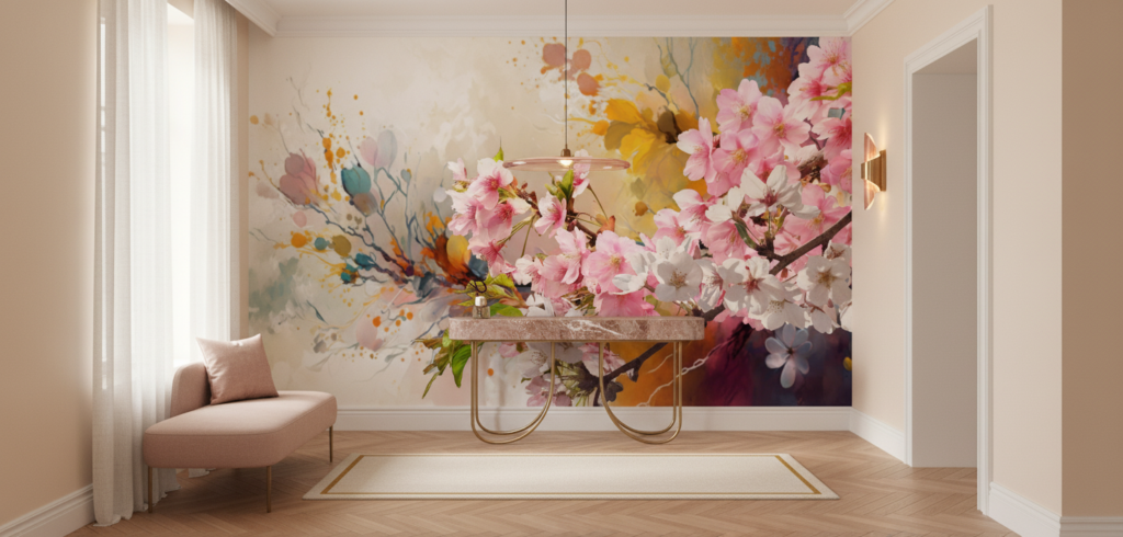 Papier peint fleurs de cerisier aquarelle tons roses et dorés - Entrée