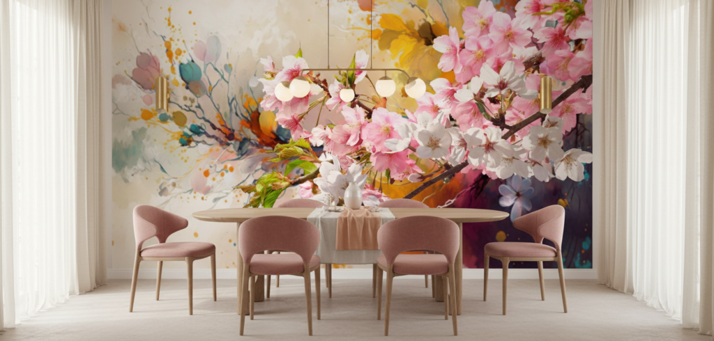 Papier peint fleurs de cerisier aquarelle tons roses et dorés - Salle à manger