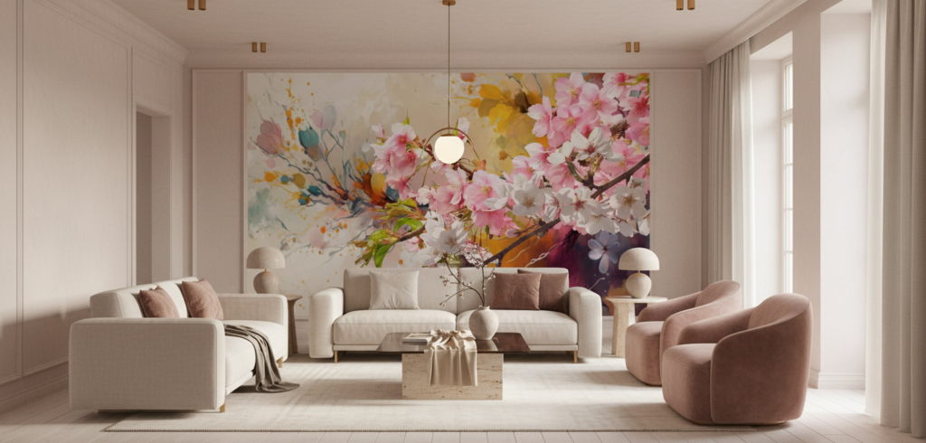 Papier peint fleurs de cerisier aquarelle tons roses et dorés - Salon / Séjour