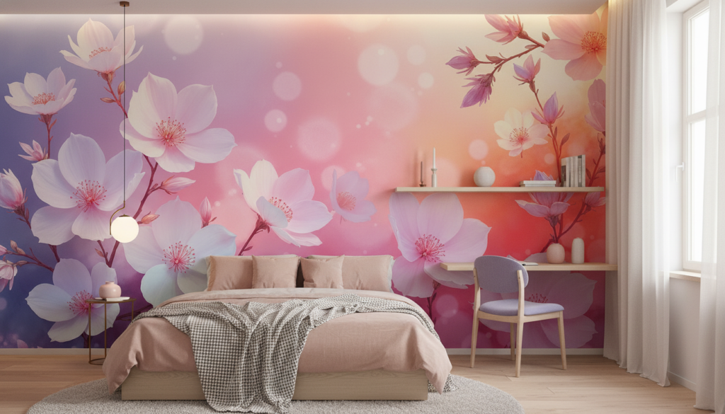 Papier peint fleurs de cerisier dégradé pastel romantique lumineux - Chambre ado