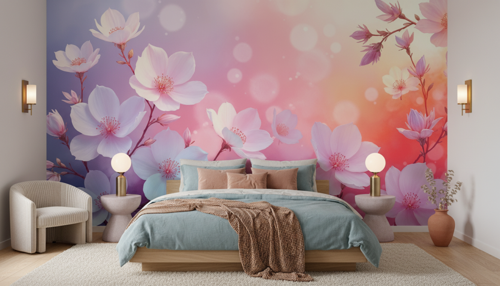Papier peint fleurs de cerisier dégradé pastel romantique lumineux - Chambre adulte