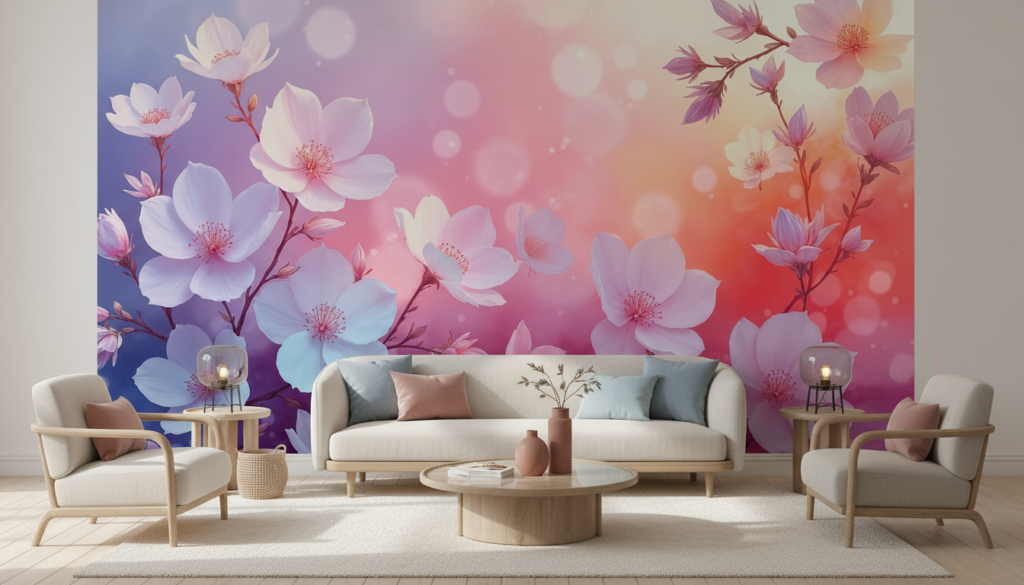 Papier peint fleurs de cerisier dégradé pastel romantique lumineux - Salon / Séjour