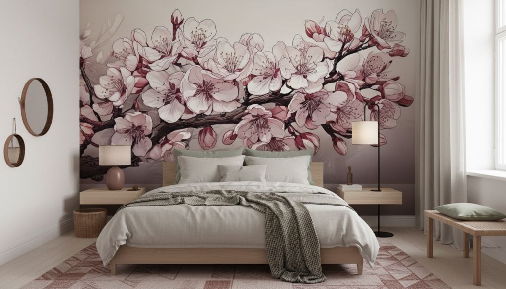 Papier peint fleurs de cerisier japonais rose et bordeaux - Chambre adulte