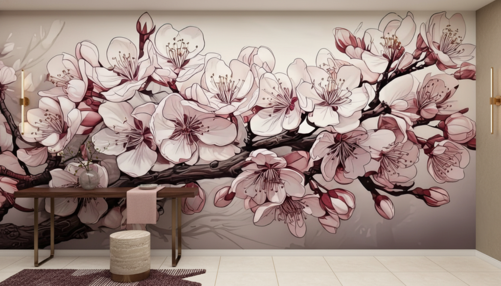 Papier peint fleurs de cerisier japonais rose et bordeaux - Entrée