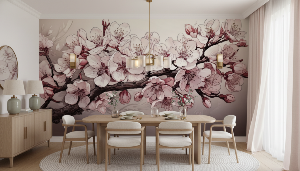 Papier peint fleurs de cerisier japonais rose et bordeaux - Salle à manger