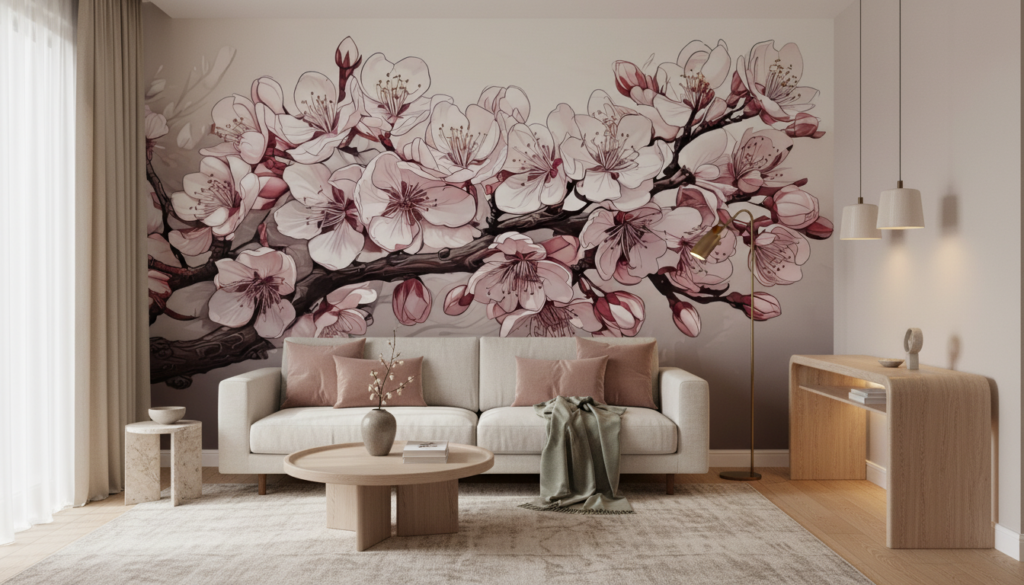 Papier peint fleurs de cerisier japonais rose et bordeaux - Salon / Séjour