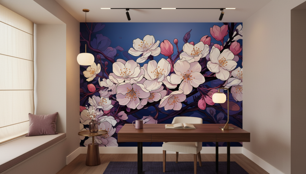 Papier Peint Fleurs de Cerisier Japonaises sur Fond Bleu Nuit - Bureau