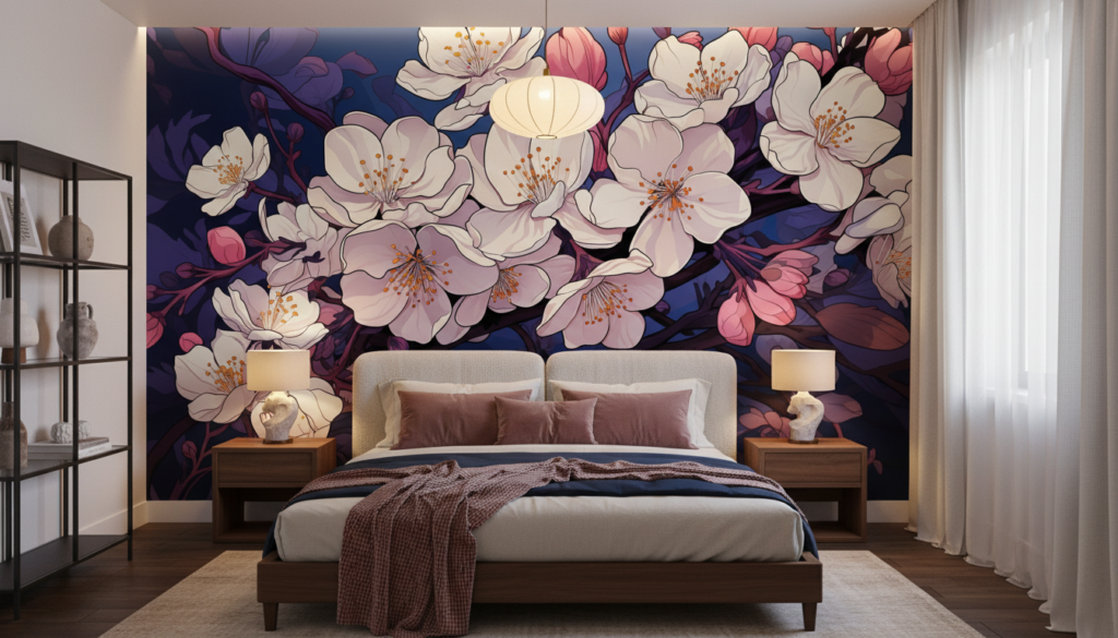 Papier Peint Fleurs de Cerisier Japonaises sur Fond Bleu Nuit - Chambre adulte