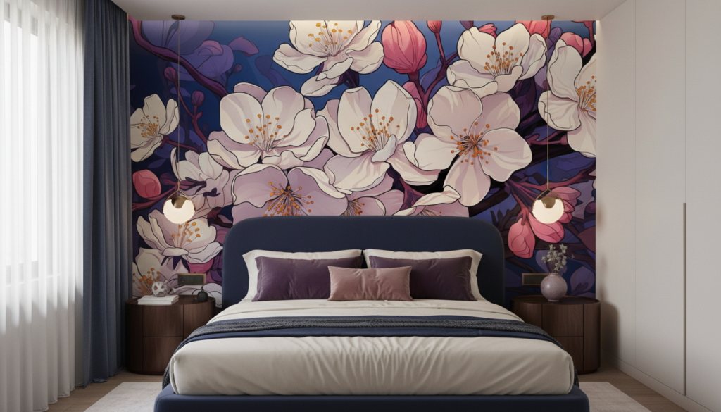 Papier Peint Fleurs de Cerisier Japonaises sur Fond Bleu Nuit - Chambre adulte