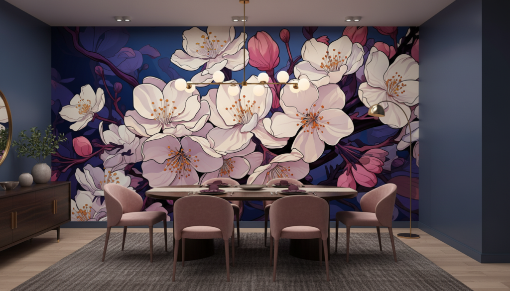 Papier Peint Fleurs de Cerisier Japonaises sur Fond Bleu Nuit - Salle à manger
