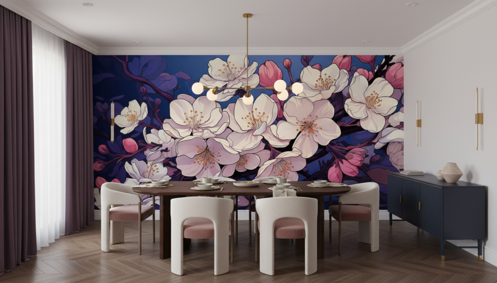 Papier Peint Fleurs de Cerisier Japonaises sur Fond Bleu Nuit - Salle à manger