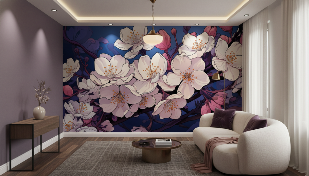 Papier Peint Fleurs de Cerisier Japonaises sur Fond Bleu Nuit - Salon / Séjour