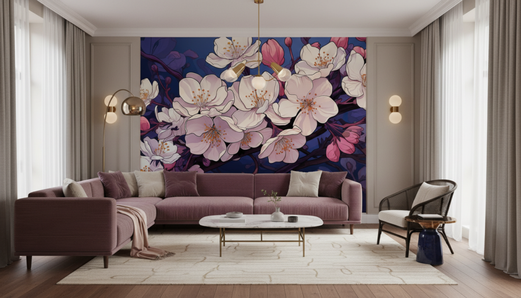 Papier Peint Fleurs de Cerisier Japonaises sur Fond Bleu Nuit - Salon / Séjour