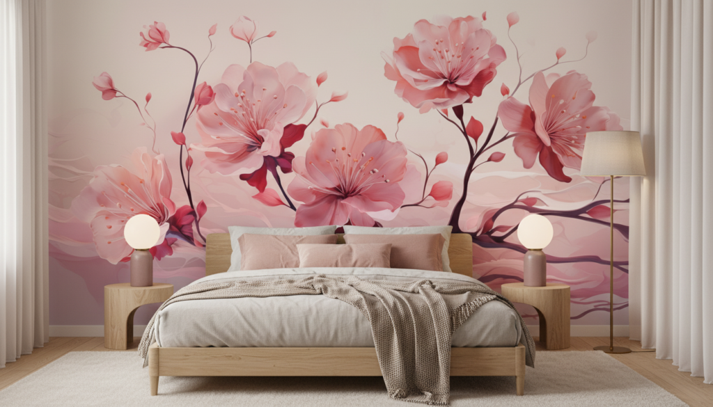 Papier Peint Fleurs de Cerisier Rose Aquarelle Zen - Chambre adulte