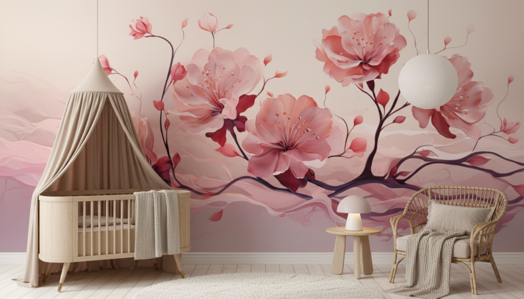 Papier Peint Fleurs de Cerisier Rose Aquarelle Zen - Chambre bébé