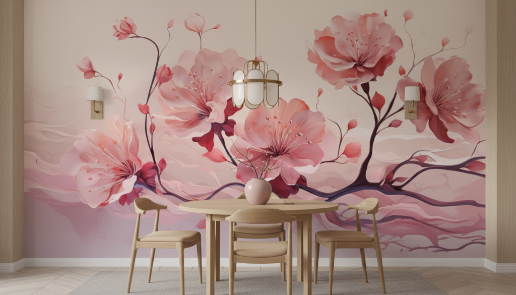 Papier Peint Fleurs de Cerisier Rose Aquarelle Zen - Salle à manger