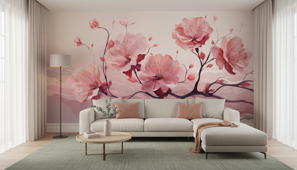 Papier Peint Fleurs de Cerisier Rose Aquarelle Zen - Salon / Séjour