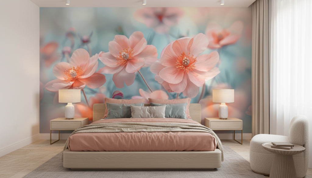 Papier Peint Fleurs de Cerisier Rose Corail Ambiance Douce - Chambre adulte