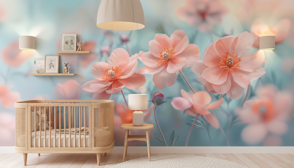 Papier Peint Fleurs de Cerisier Rose Corail Ambiance Douce - Chambre bébé