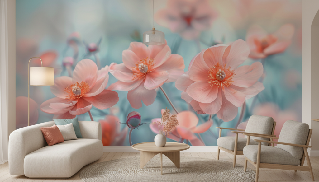 Papier Peint Fleurs de Cerisier Rose Corail Ambiance Douce - Salon / Séjour