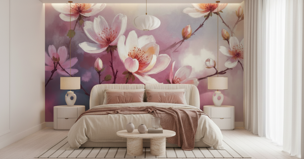 Papier Peint Fleurs de Cerisier Rose Romantique Aquarelle - Chambre adulte