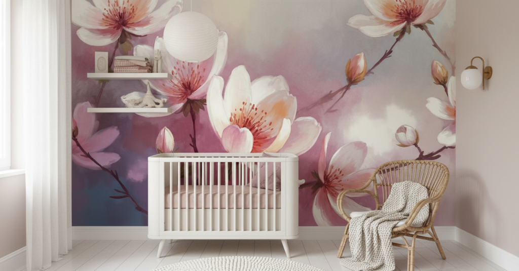 Papier Peint Fleurs de Cerisier Rose Romantique Aquarelle - Chambre bébé