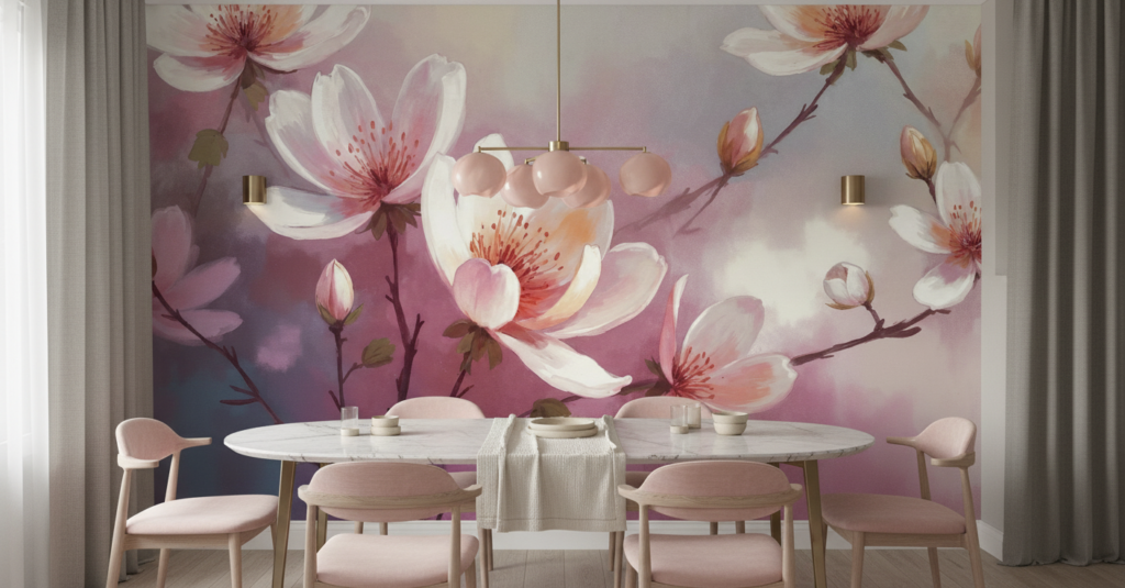 Papier Peint Fleurs de Cerisier Rose Romantique Aquarelle - Salle à manger