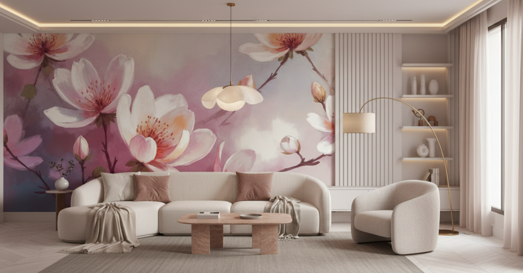 Papier Peint Fleurs de Cerisier Rose Romantique Aquarelle - Salon / Séjour