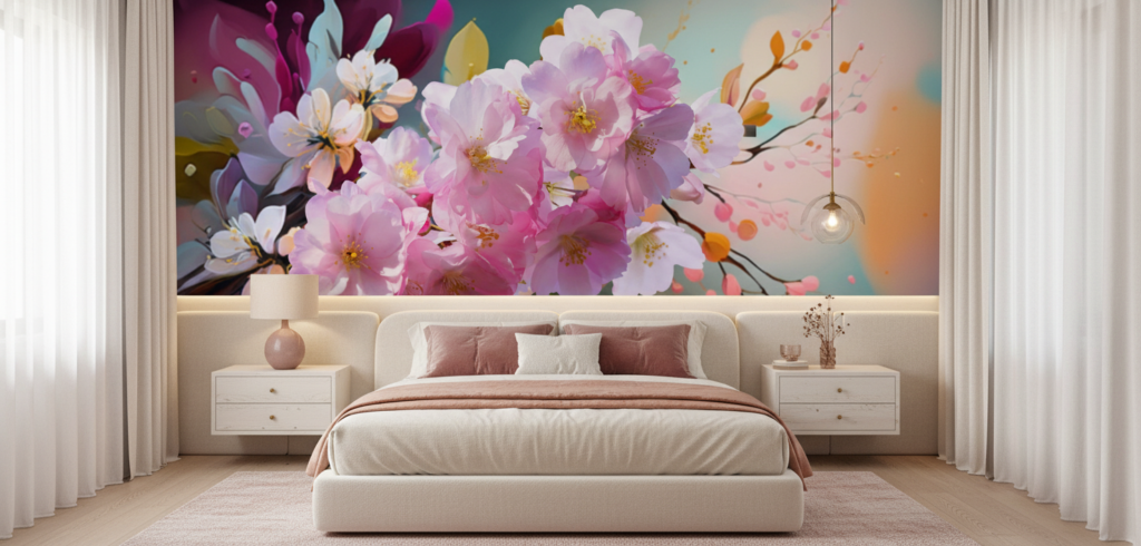 Papier peint fleurs de cerisier roses artistiques fond dégradé coloré - Chambre adulte