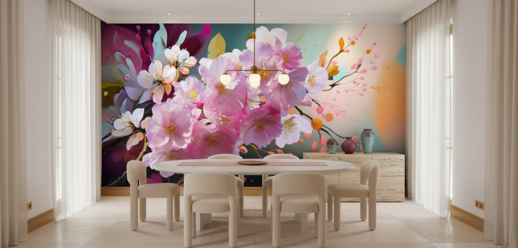 Papier peint fleurs de cerisier roses artistiques fond dégradé coloré - Salle à manger