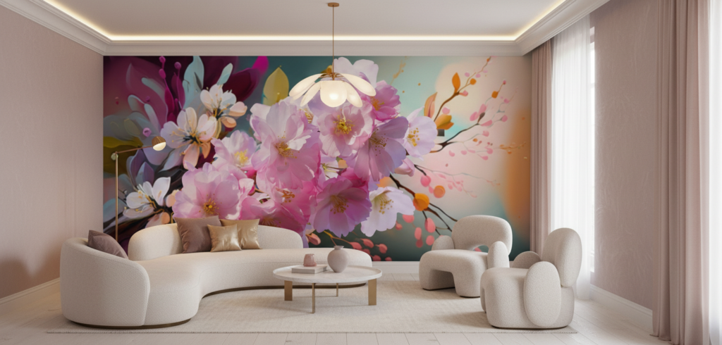 Papier peint fleurs de cerisier roses artistiques fond dégradé coloré - Salon / Séjour