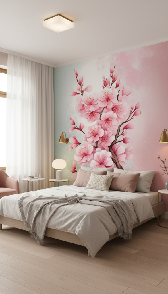 Papier peint fleurs de cerisier roses élégantes fond dégradé pastel - Chambre adulte