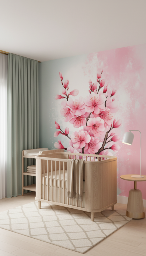 Papier peint fleurs de cerisier roses élégantes fond dégradé pastel - Chambre bébé