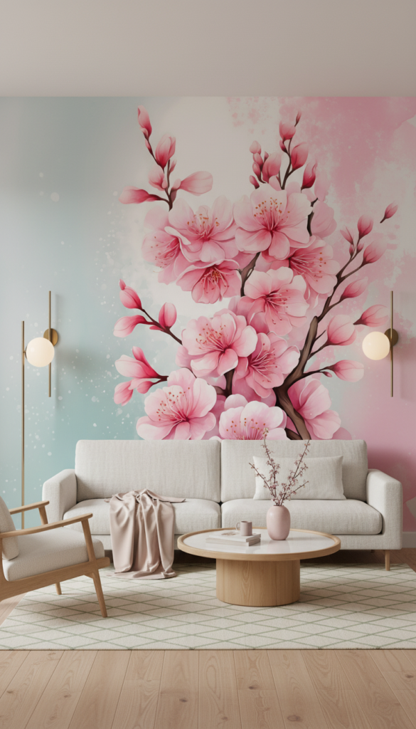 Papier peint fleurs de cerisier roses élégantes fond dégradé pastel - Salon / Séjour