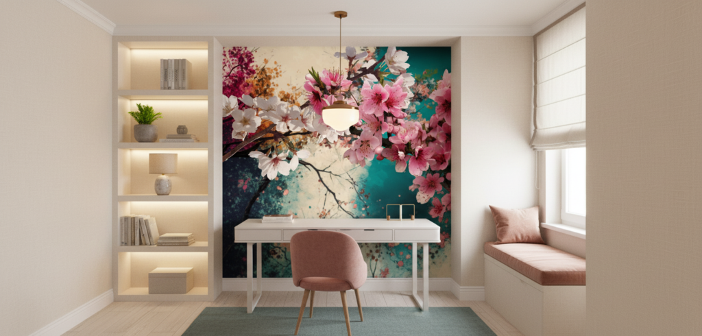 Papier peint fleurs de cerisier roses et blanches aquarelle colorée - Bureau