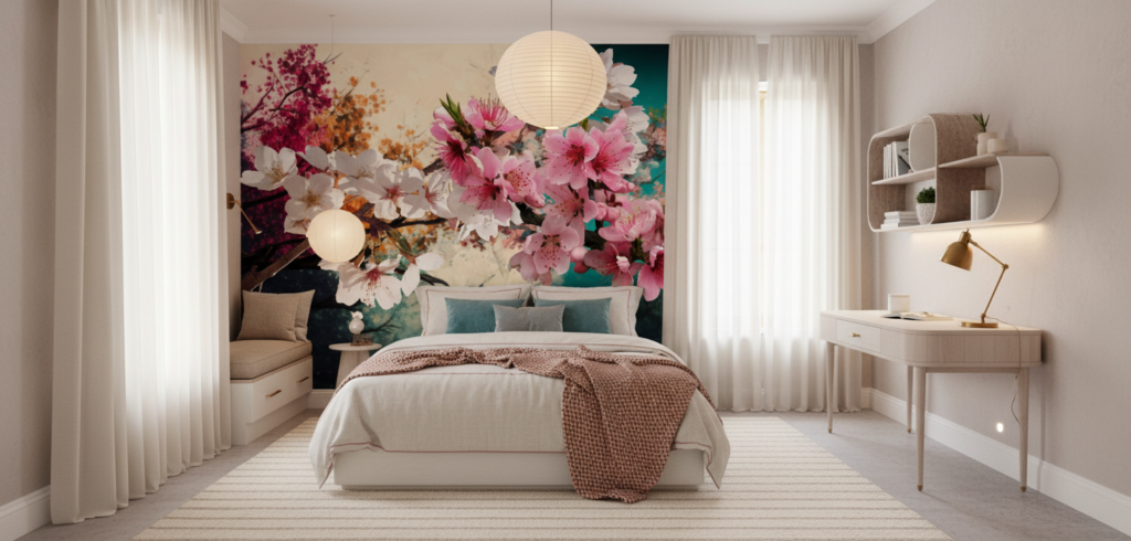 Papier peint fleurs de cerisier roses et blanches aquarelle colorée - Chambre ado