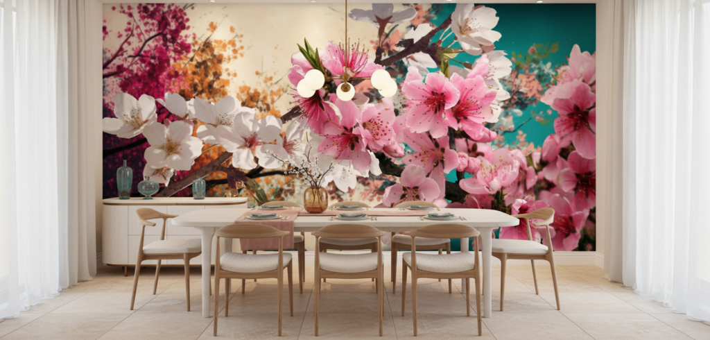 Papier peint fleurs de cerisier roses et blanches aquarelle colorée - Salle à manger