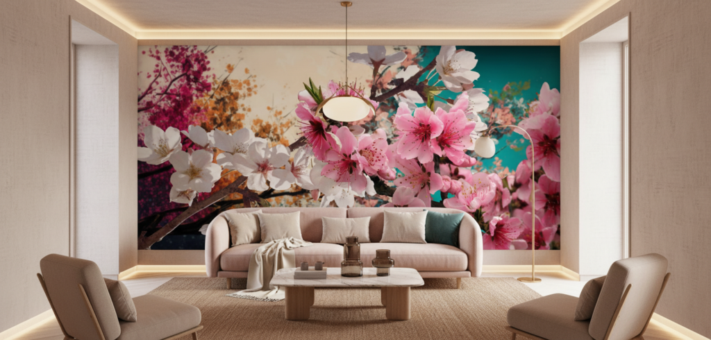 Papier peint fleurs de cerisier roses et blanches aquarelle colorée - Salon / Séjour