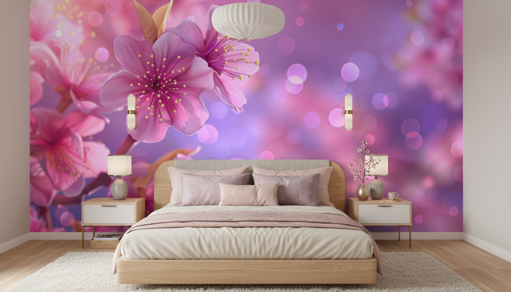 Papier peint fleurs de cerisier roses fond violet lumineux - Chambre adulte