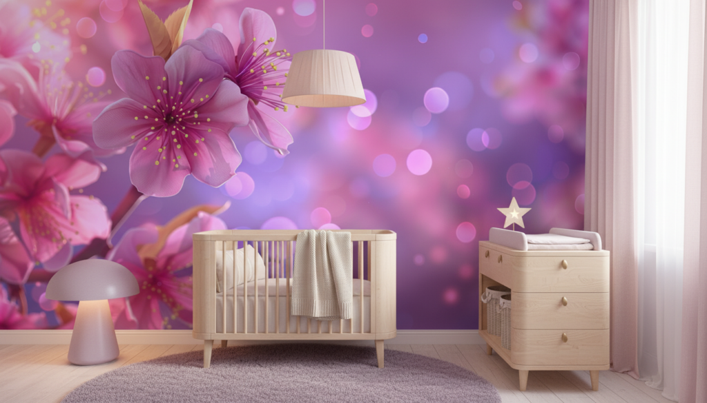 Papier peint fleurs de cerisier roses fond violet lumineux - Chambre bébé