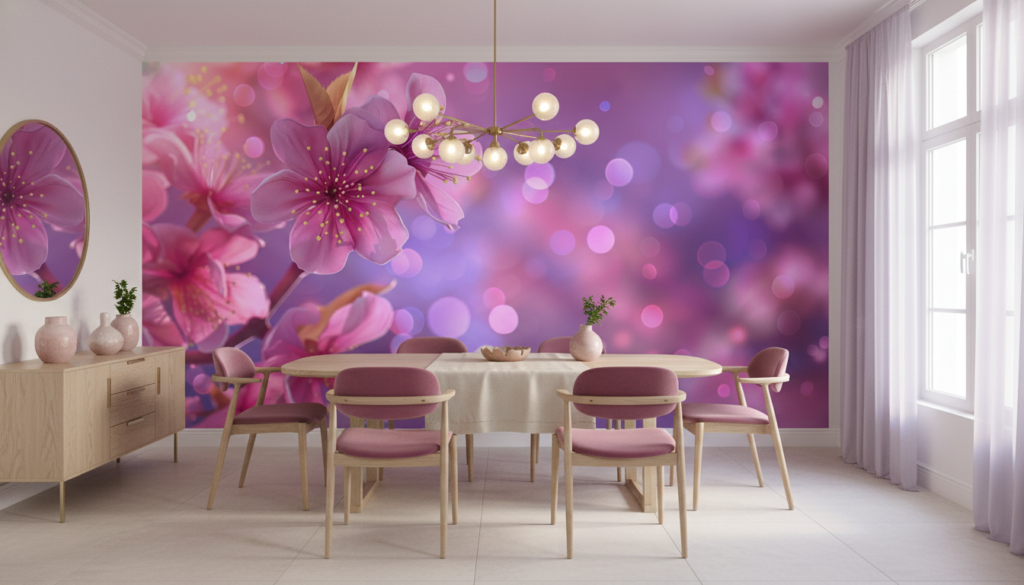 Papier peint fleurs de cerisier roses fond violet lumineux - Salle à manger